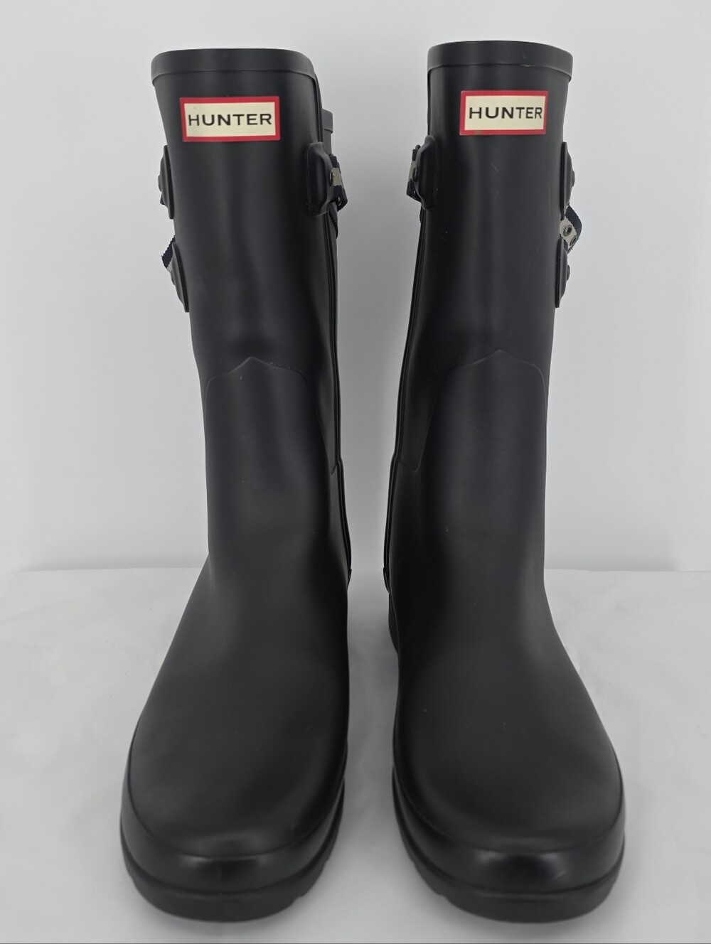 Hunter Womens 9 Black Rain Boots Striped Buckle Waterproof Rubber Wellies - Picture 3 of 11
